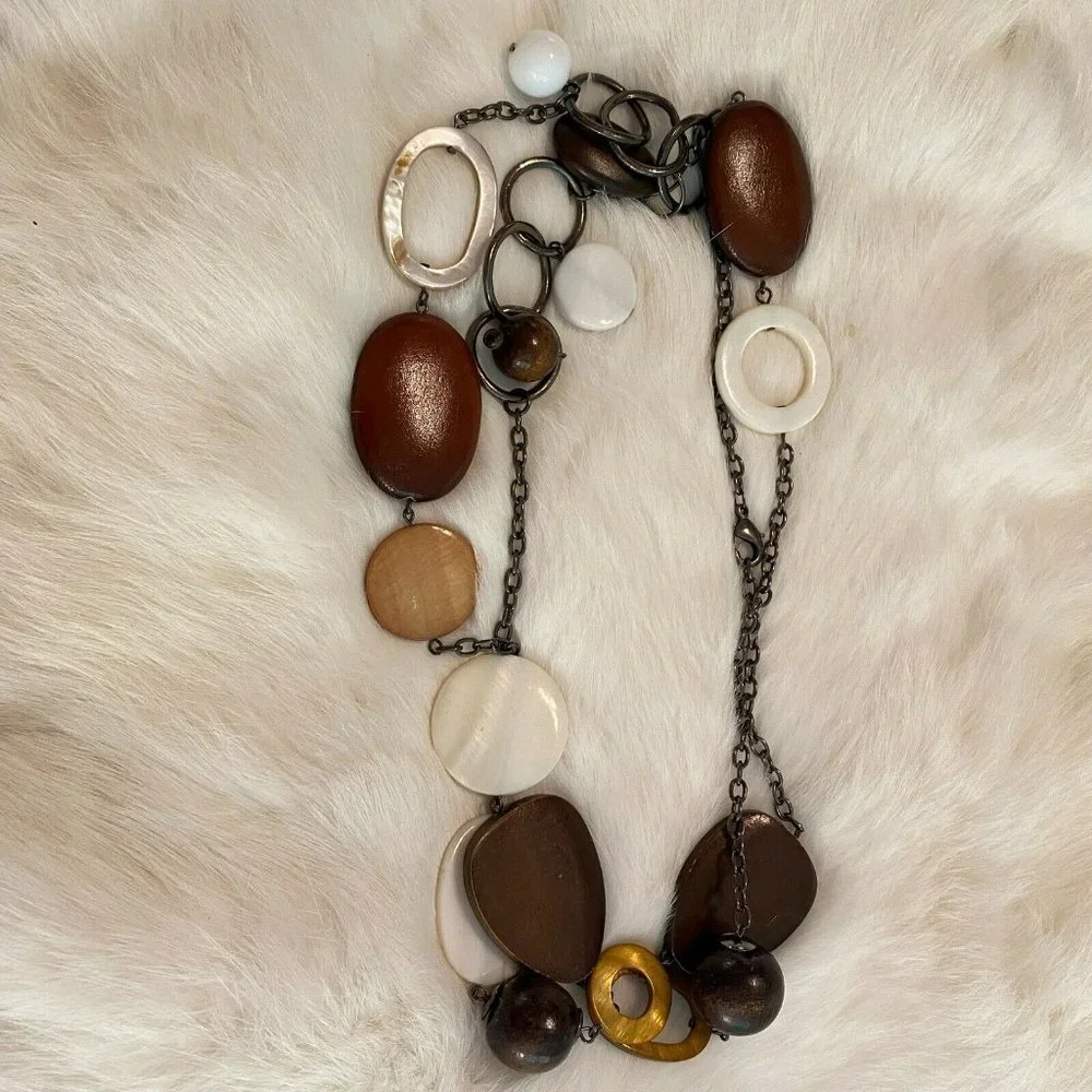 Western‎ Necklace Festival Wood Shell Mixed Media Mother of Pearl Boho Long 6184